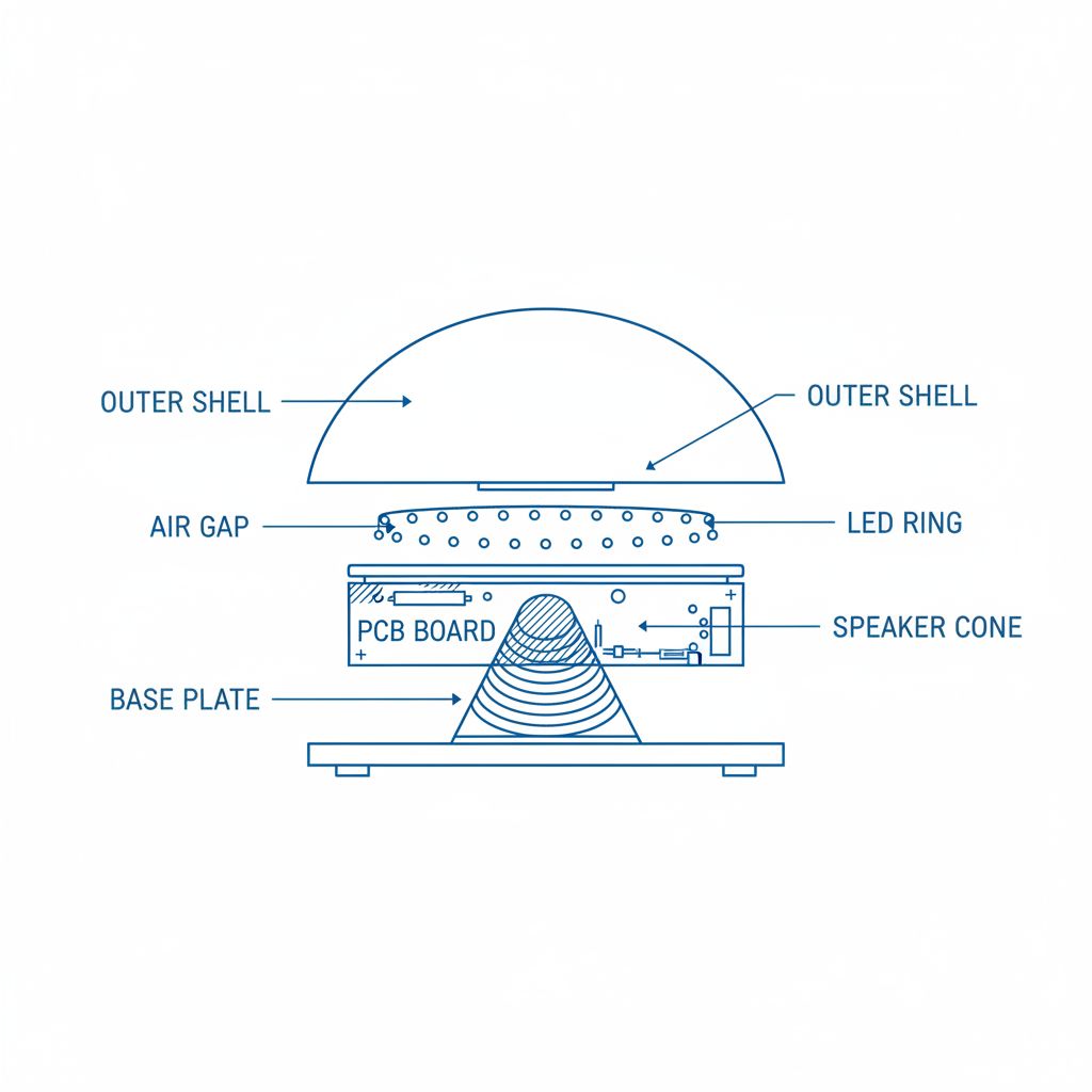 LAR device schematic showing outer shell, LED ring, PCB board, and speaker cone